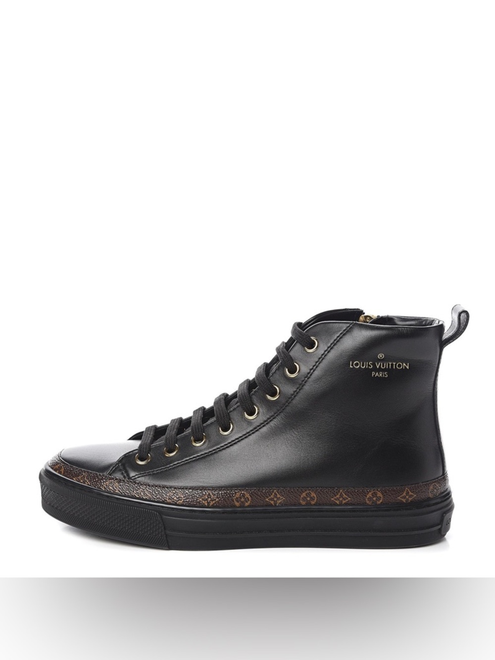 Authentic Louis Vuitton Black Leather High-Top Sneakers with Monogram Trim - Picture 5 of 14
